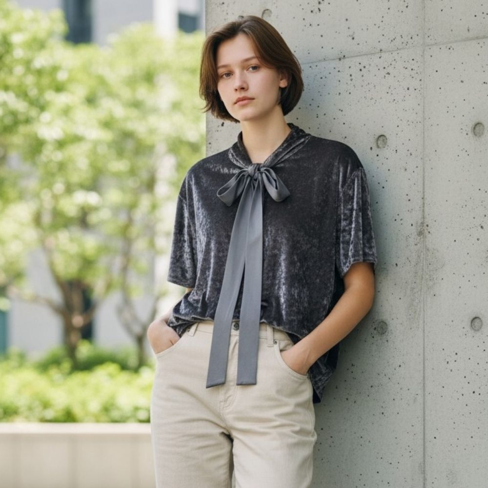 Addition Elle Beautifully Soft Silver Grey Velvet Top with Silky Collar Bow Tie